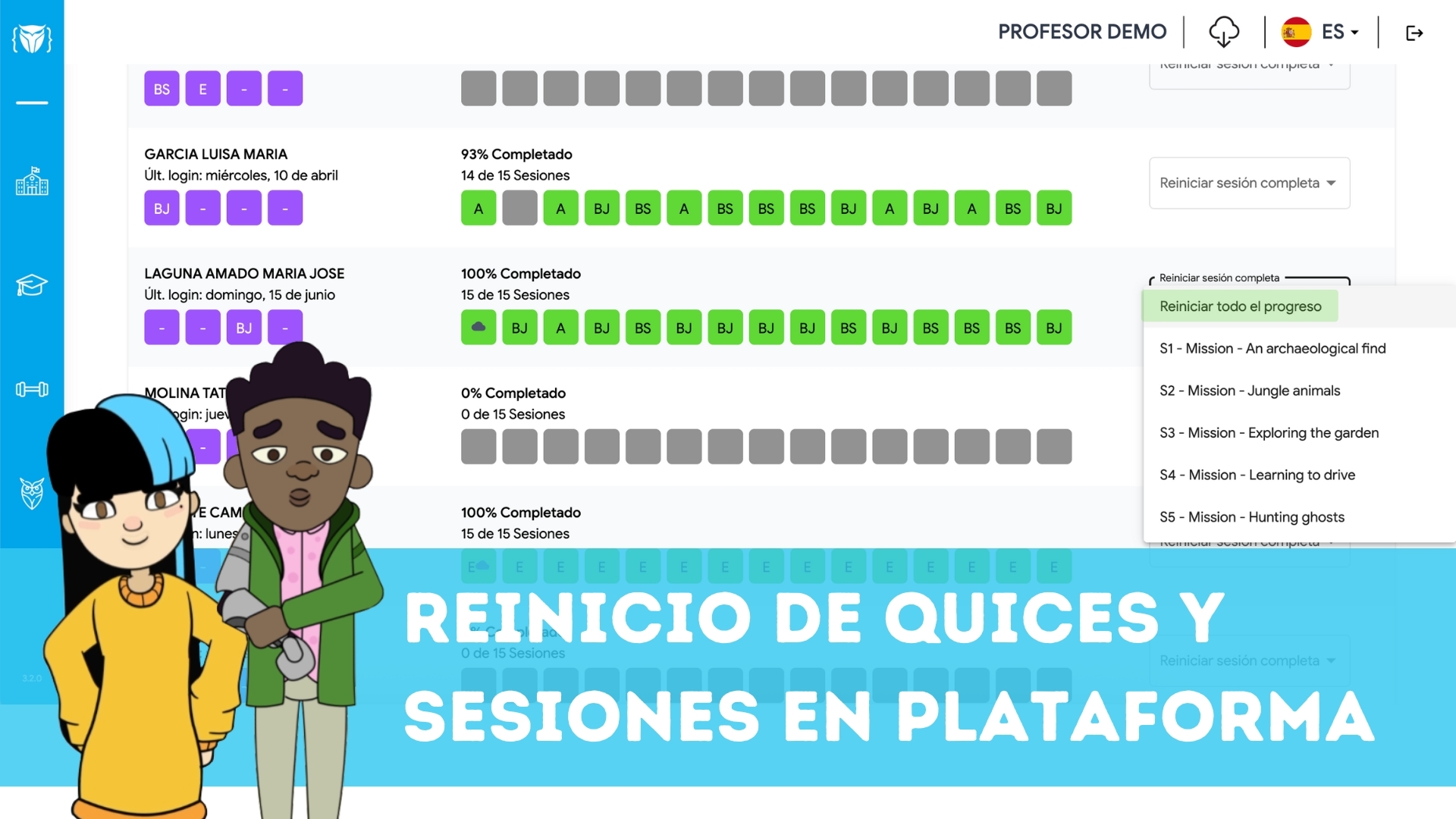 Reinicio de quices y sesiones